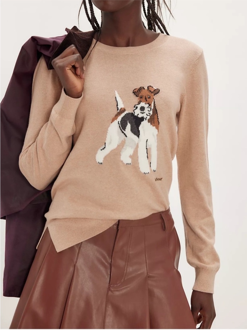 Barbour Fareham Crew-Neck Dog Icon Knitted Sweater in Tan / Brown